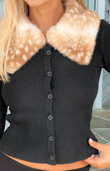 Lainey Black Fur Trim Collar Knit Cardigan