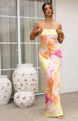 Maiah Yellow Hibiscus Floral Print Maxi Dress