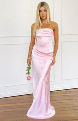 Malorie Pink Satin Strapless Maxi Dress