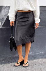 Martha Black Satin Lace Trim Midi Skirt