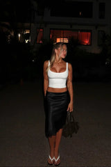 Martha Black Satin Lace Trim Midi Skirt