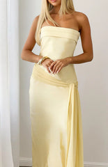 Novie Yellow Tie Detail Satin Strapless Maxi Dress