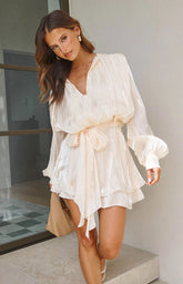 Quinton Pearl Satin Long Sleeve Tie Mini Dress