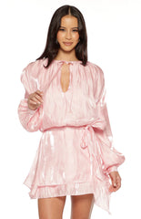 Quinton Pink Satin Long Sleeve Tie Mini Dress