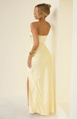 Sasha Yellow Ruched Twist Satin Maxi Dress - PRE ORDER