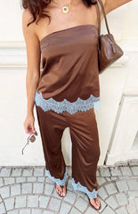 Shirley Lace Trim Brown Satin Pants
