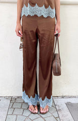 Shirley Lace Trim Brown Satin Pants