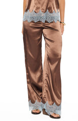 Shirley Lace Trim Brown Satin Pants