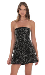 Sequin Beaded Flare Strapless Dress in Black