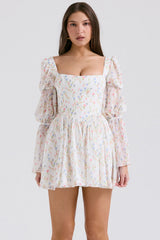 white posy print puff sleeve mini dress