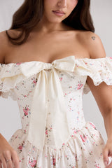 stretch cotton floral print off shoulder corset mini dress