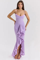 orchid mesh ruffled front gown