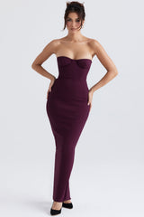 grape strapless corset maxi dress