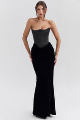 black velvet strapless corset maxi dress