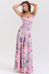 pink floral print lace back maxi dress