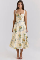 lemon vintage ribbon print cotton midi dress