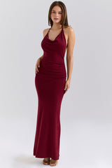 wine draped halter neck maxi dress