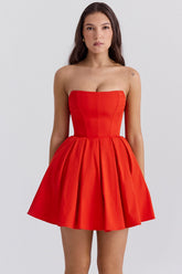 italian tomato strapless pleated mini dress