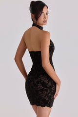 black lace high neck mini dress with detachable bow