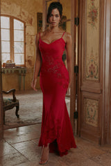 red hand beaded embellished satin maxi dress - limited edition