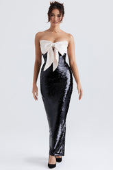 black sequin strapless bow dress