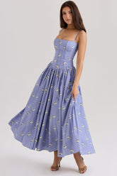 blue daisy print stretch cotton midi sundress
