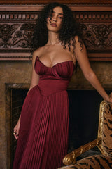 berry pleated satin maxi dress