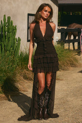 ANNELISE V-NECK RUFFLE MAXI DRESS - BITTER CHOCOLATE