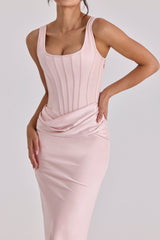 blush pink satin gathered maxi dress
