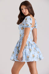 blue rose print cotton mini dress