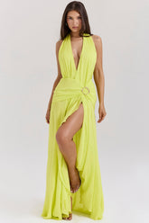 acid lime backless halter maxi dress