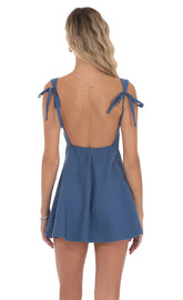 Lace Trim Open Back Dress in Denim Blue