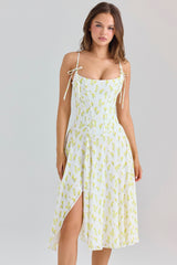 lemon floral print georgette midi dress