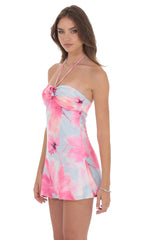 Floral Satin Halter Dress in Pink and Blue