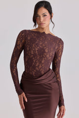 espresso brown lace + satin draped maxi dress
