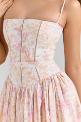 peach floral print stretch cotton midi sundress