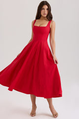 red stretch cotton midi sundress