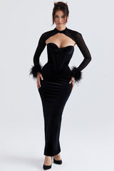 black velvet corset maxi dress