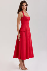 red stretch cotton button halter neck midi dress