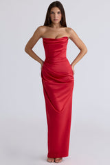 scarlet satin strapless gown