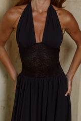 FERNANDA PLUNGE HALTER MAXI DRESS - BLACK