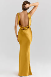 amber satin draped cowl neck maxi dress