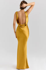 amber satin draped cowl neck maxi dress