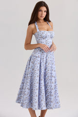 blue floral print stretch cotton halter neck midi dress