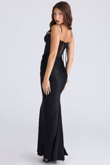 black satin draped corset maxi dress