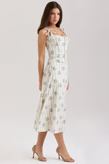 cream daisy print stretch cotton midi dress