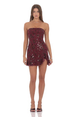 Strapless Sequin Floral Ruffle Dress in Burgundy