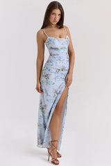 blue floral print mesh maxi dress