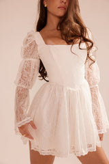 white lace puff sleeve mini dress