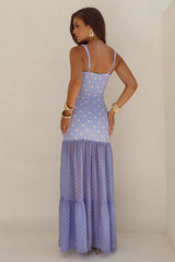 TILLIE SHEER BOTTOM MAXI DRESS - PERIWINKLE/LEMON POLKA